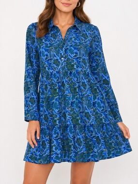 Rose Garden Blue Floral Tiered Mini Shirt Dress